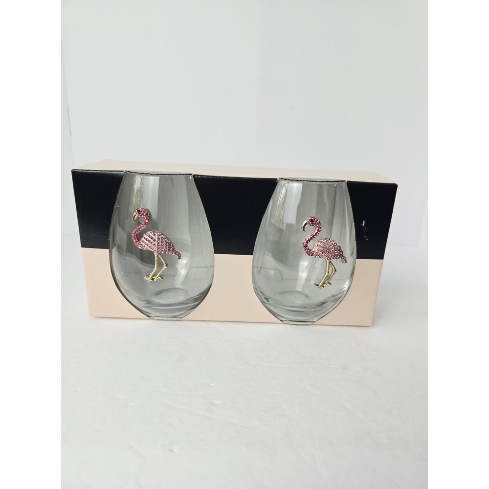 Rachel Zoe Set of 2 Jeweled Flamingo Rhinestone 19oz Stemless Wine Glasses Glass
